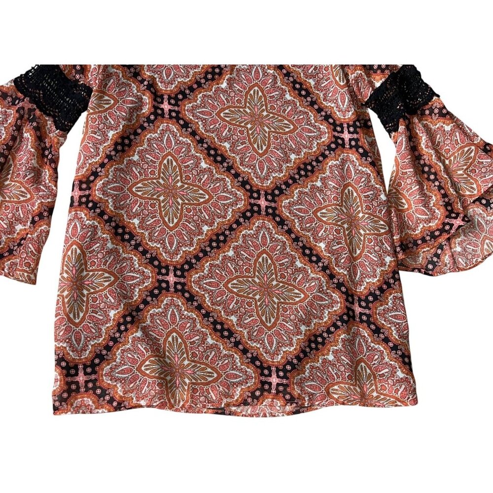 Paper Crane Anthropologie M Fairy Boho Mini Dress Orange Paisley Bell Sleeves - Picture 3 of 6